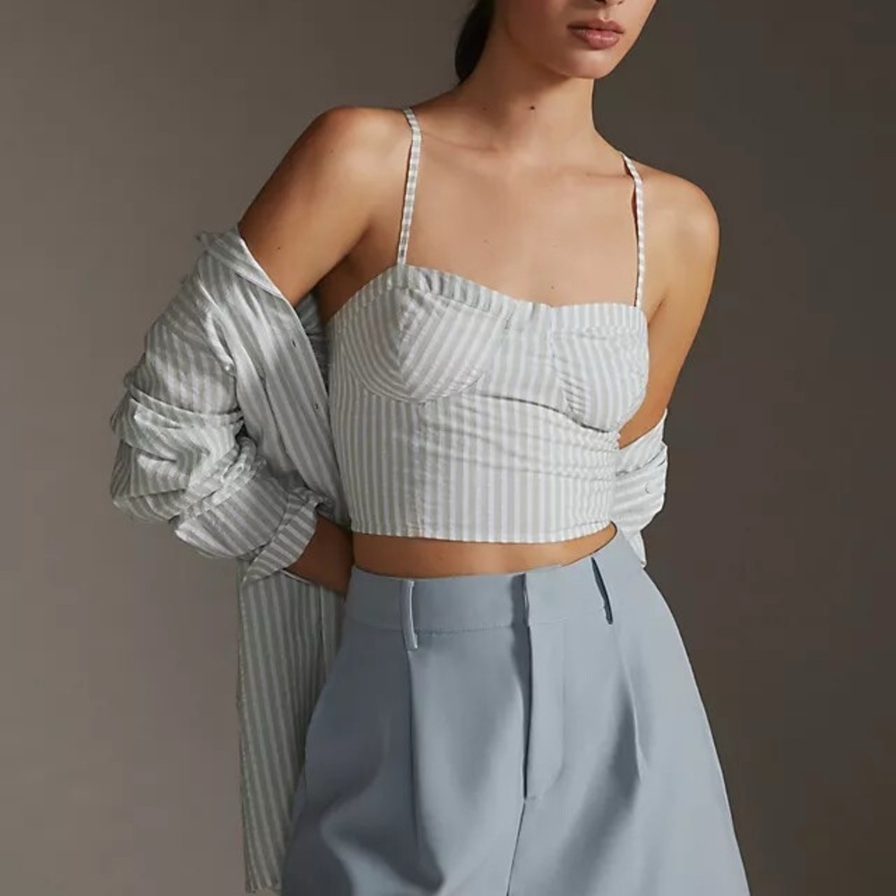 NWT Anthropologie Green White Striped Smocked Crop Bustier Top Spring | Small